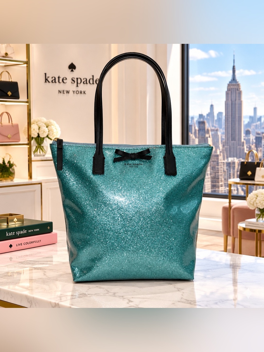 🦋Kate Spade Mavis Glitter Tote Teal Blue Sparkle Bow 🦋